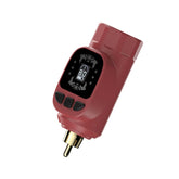 Hawink red wireless tattoo battery power supply for RCA machines, with digital display, buttons, and compact design.